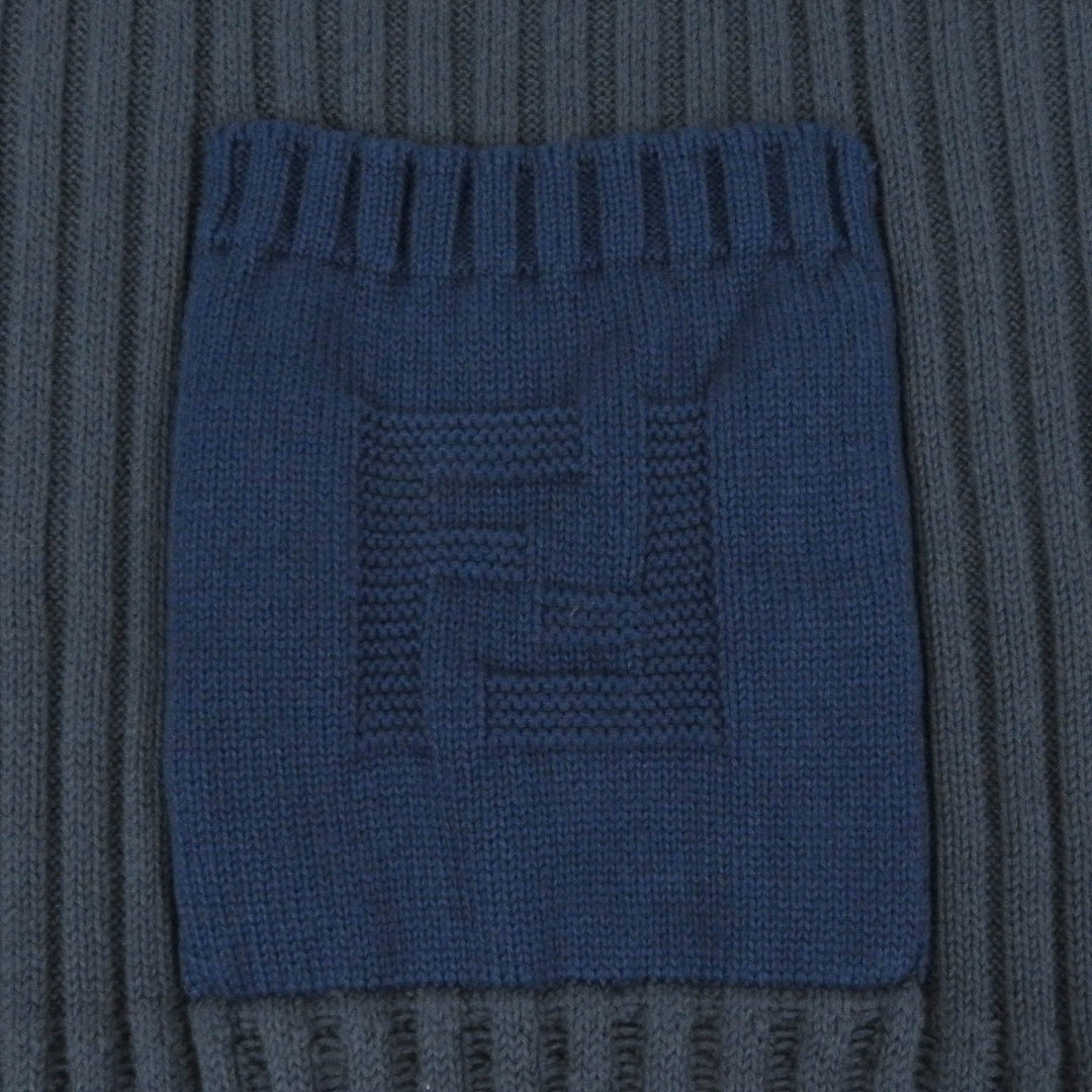 Pristine FENDI sweater FF logo pocket ribbed knit Blue gray cotton mens 50