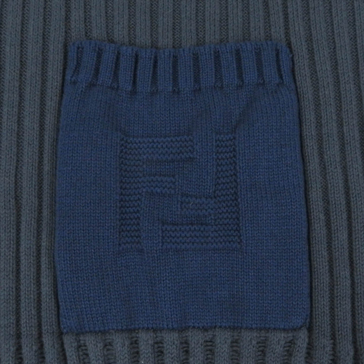 Pristine FENDI sweater FF logo pocket ribbed knit Blue gray cotton mens 50