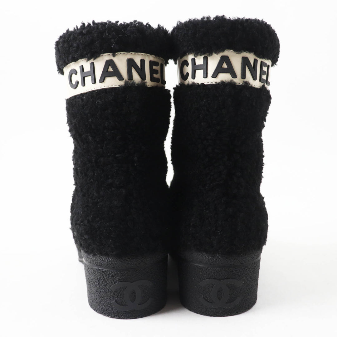 Excellent CHANEL short boots COCO Mark logo sheepskin Black White Women 35 G34080