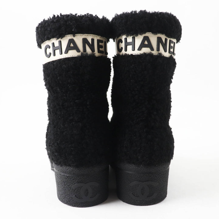 Excellent CHANEL short boots COCO Mark logo sheepskin Black White Women 35 G34080