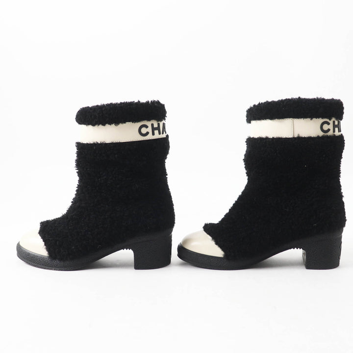 Excellent CHANEL short boots COCO Mark logo sheepskin Black White Women 35 G34080