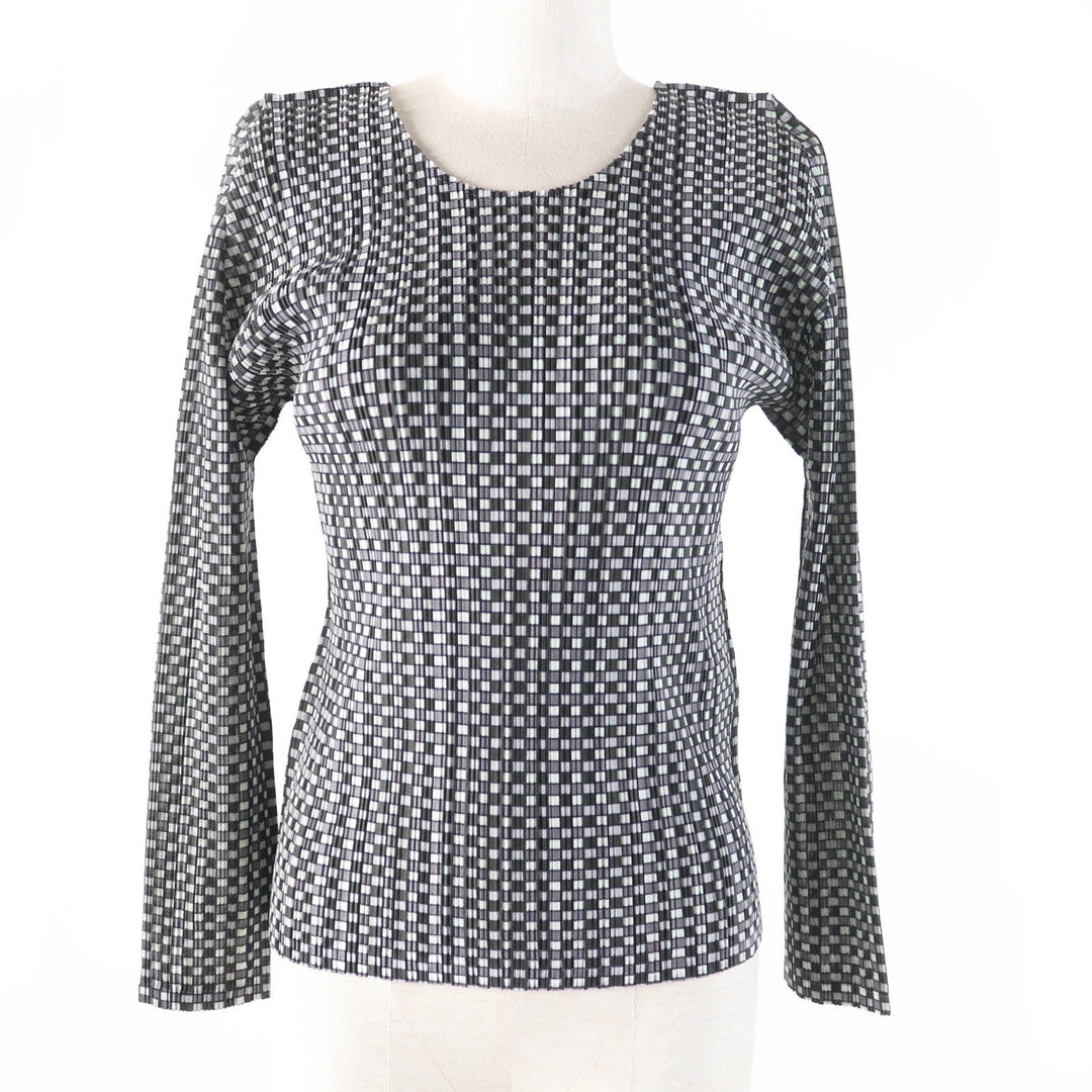 Excellent PLEATS PLEASE T-shirt Check pattern long sleeve polyester Women 3 PP73-FK891