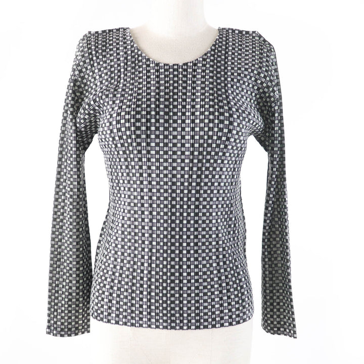 Excellent PLEATS PLEASE T-shirt Check pattern long sleeve polyester Women 3 PP73-FK891