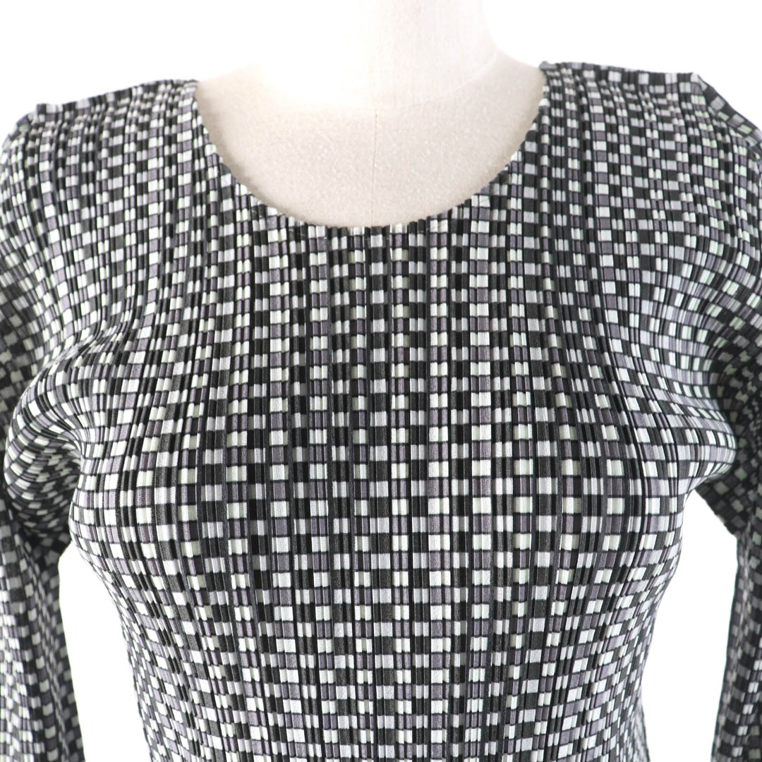 Excellent PLEATS PLEASE T-shirt Check pattern long sleeve polyester Women 3 PP73-FK891