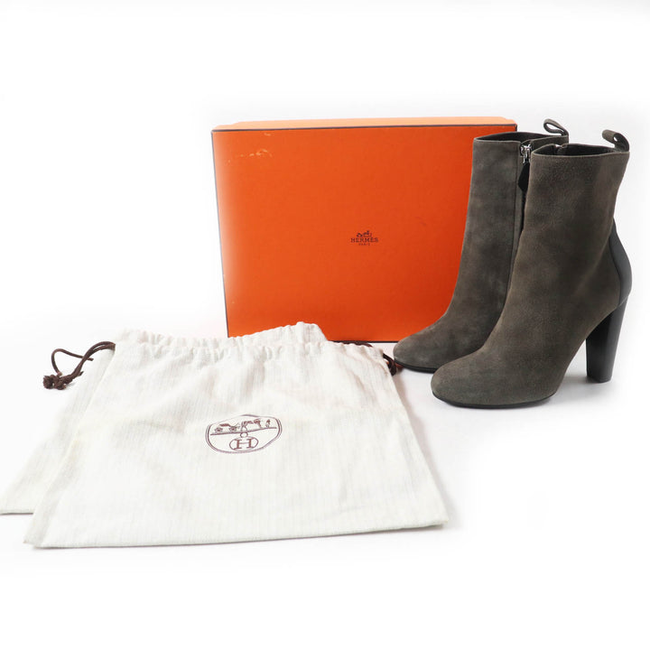 Great HERMES short boots Bicolor side zip Gray black Suede leather Women 37