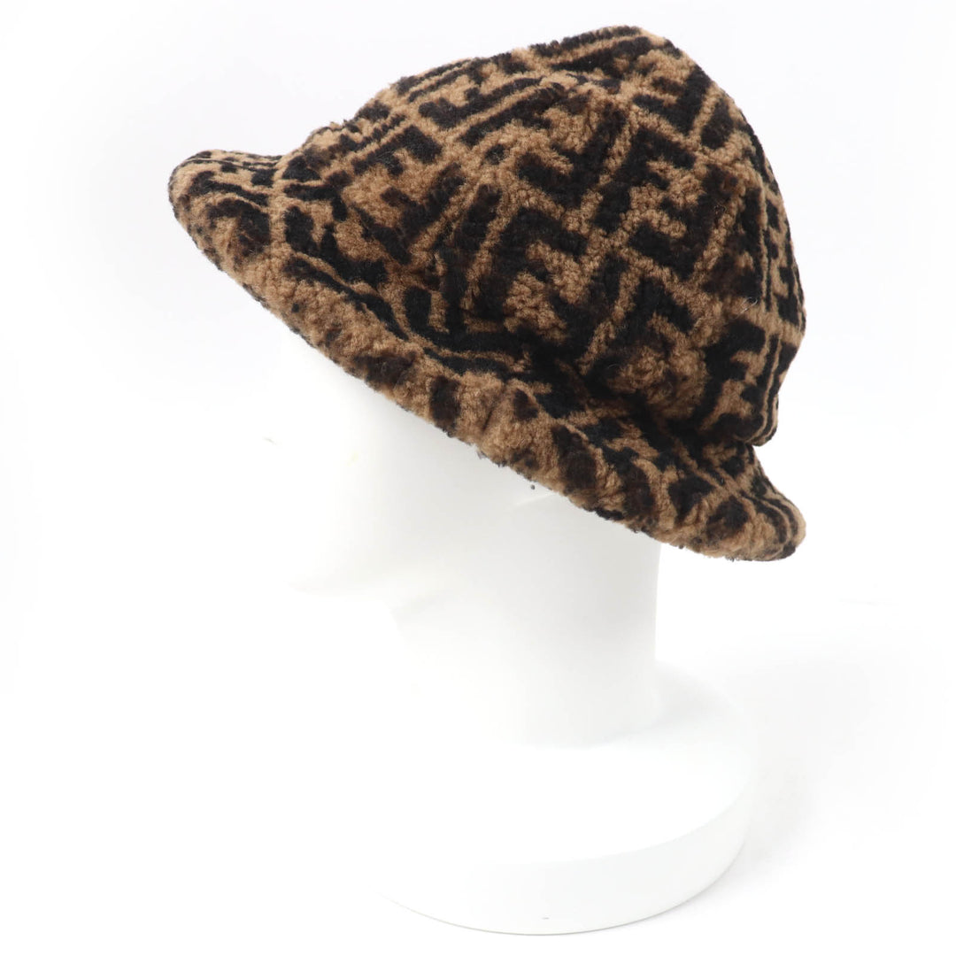 Great FENDI hat Zucca Pattern Shearling Hat Brown black Sheep leather Women M FXQ632