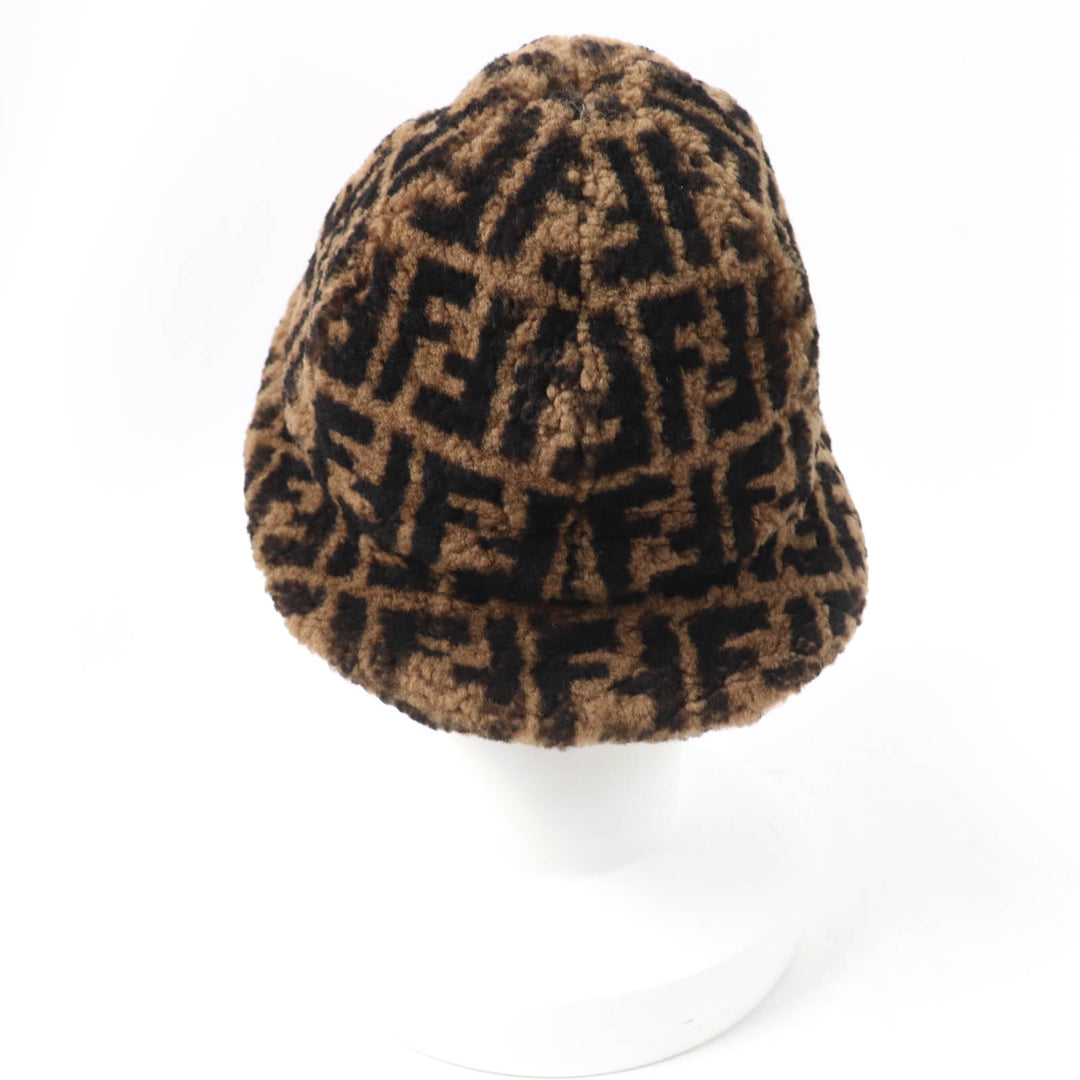 Great FENDI hat Zucca Pattern Shearling Hat Brown black Sheep leather Women M FXQ632