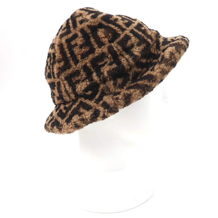 Great FENDI hat Zucca Pattern Shearling Hat Brown black Sheep leather Women M FXQ632