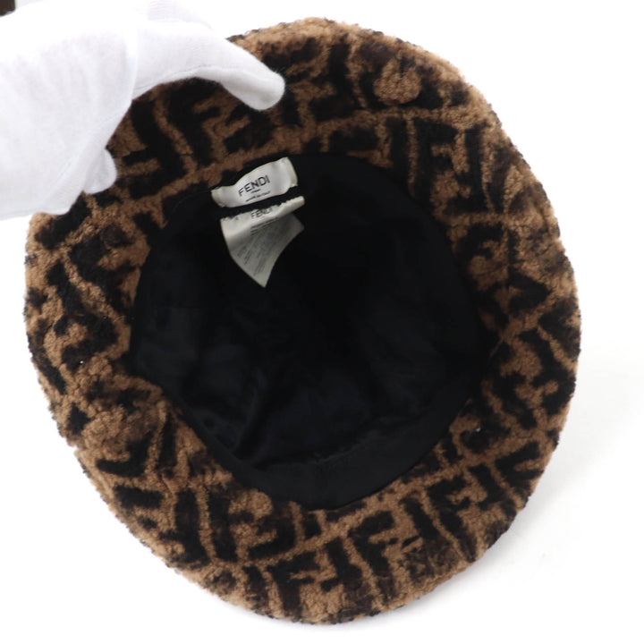 Great FENDI hat Zucca Pattern Shearling Hat Brown black Sheep leather Women M