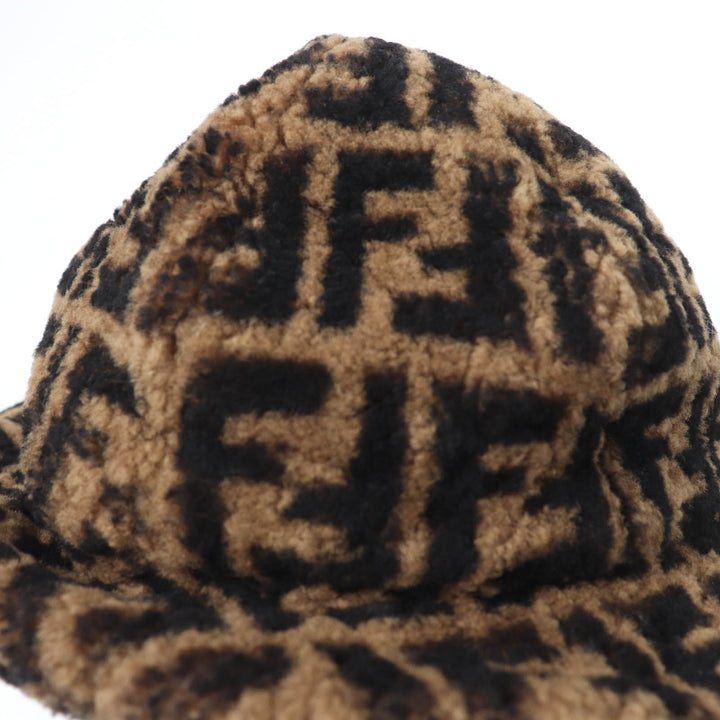 Great FENDI hat Zucca Pattern Shearling Hat Brown black Sheep leather Women M