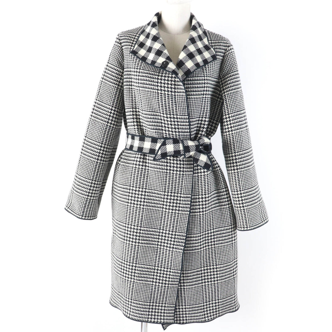 Excellent EMPORIO ARMANI coat Houndstooth pattern with belt black wool Women 38
