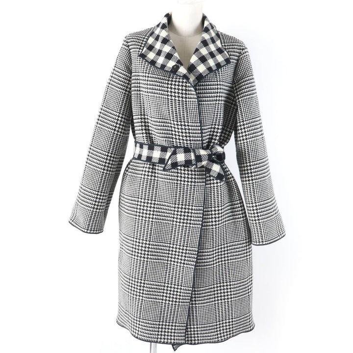 Excellent EMPORIO ARMANI coat Houndstooth pattern with belt black wool Women 38
