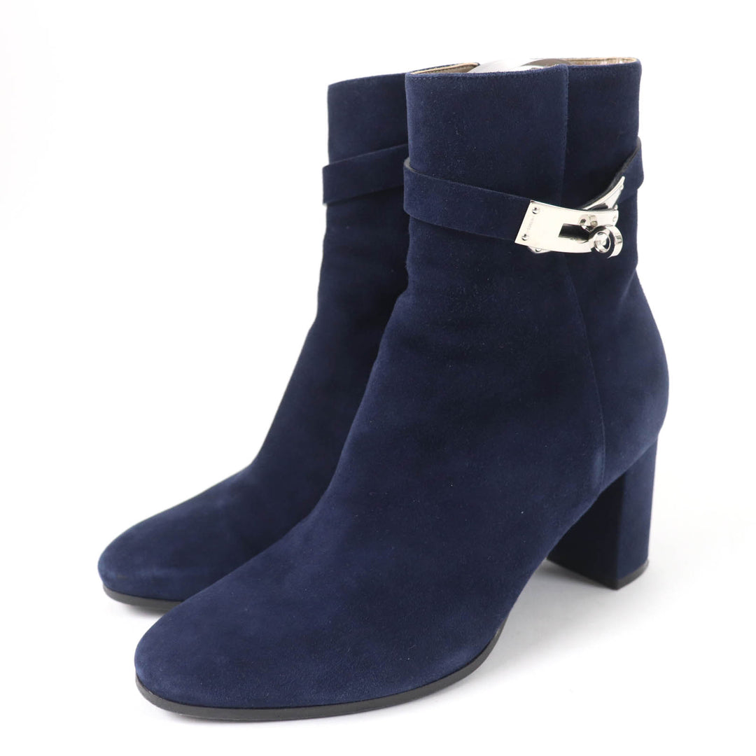 Great HERMES short boots Saint Germain kelly buckle Navy Suede leather Women 36.5