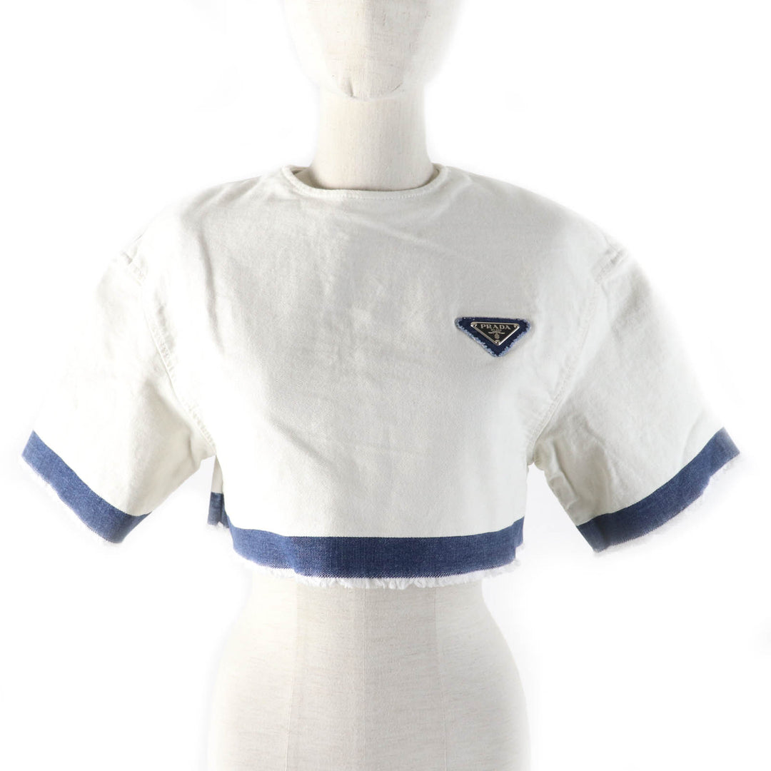 Excellent PRADA T-shirt Triangle With Logo Cut-off Cropped Denim Top Women 36