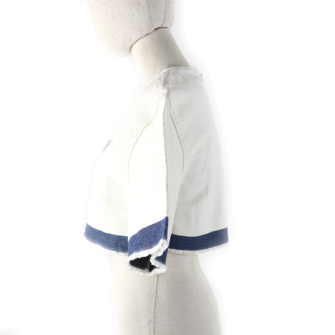 Excellent PRADA T-shirt Triangle With Logo Cut-off Cropped Denim Top Women 36