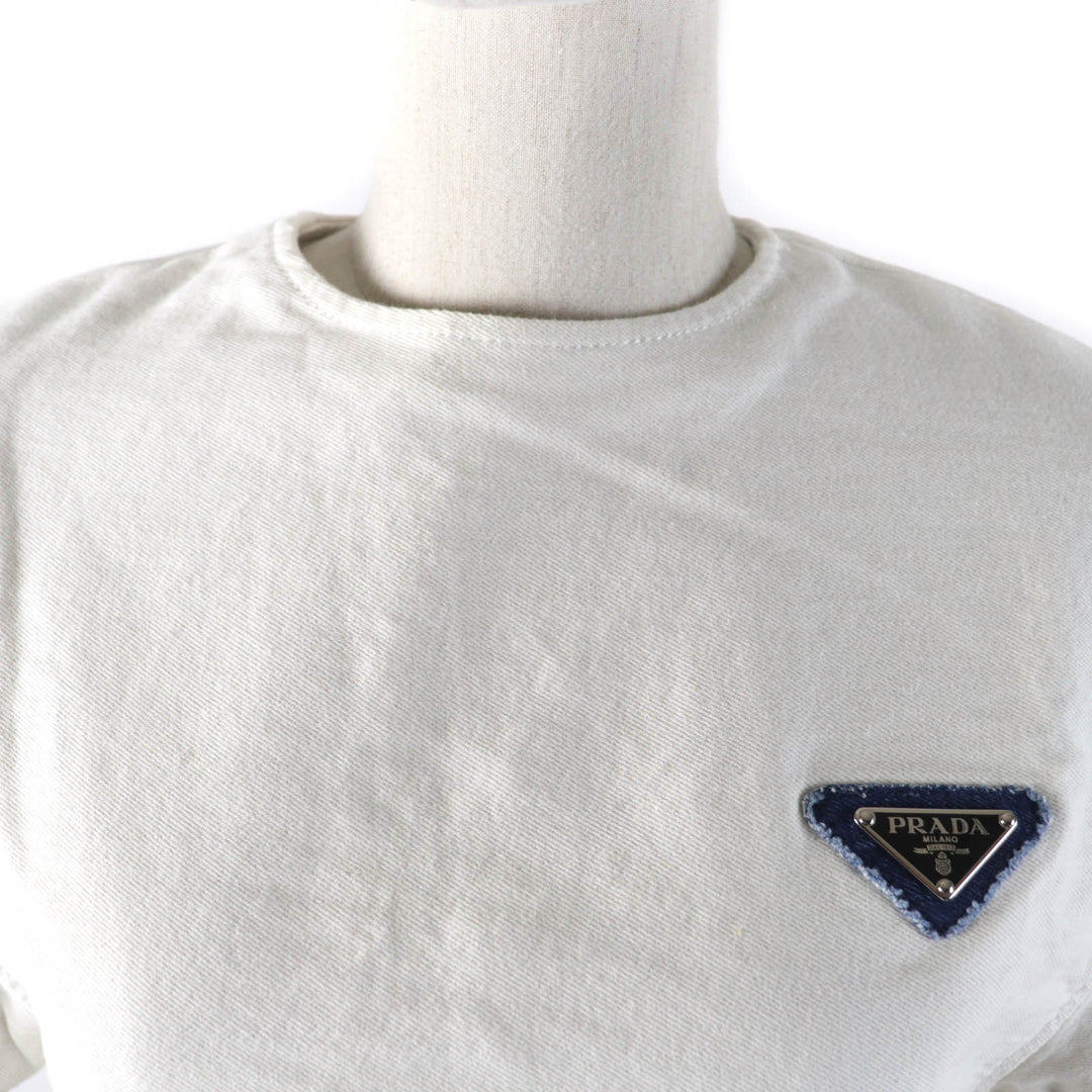 Excellent PRADA T-shirt Triangle With Logo Cut-off Cropped Denim Top Women 36
