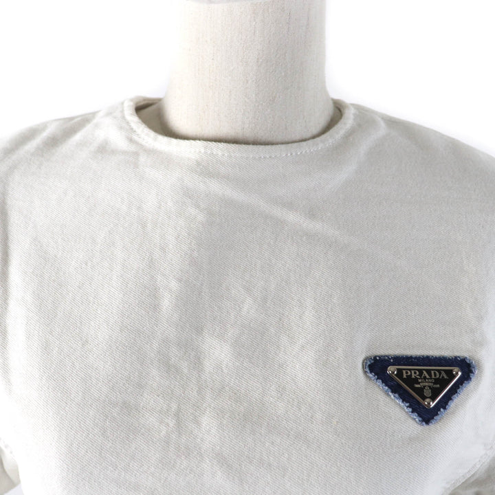 Excellent PRADA T-shirt Triangle With Logo Cut-off Cropped Denim Top Women 36