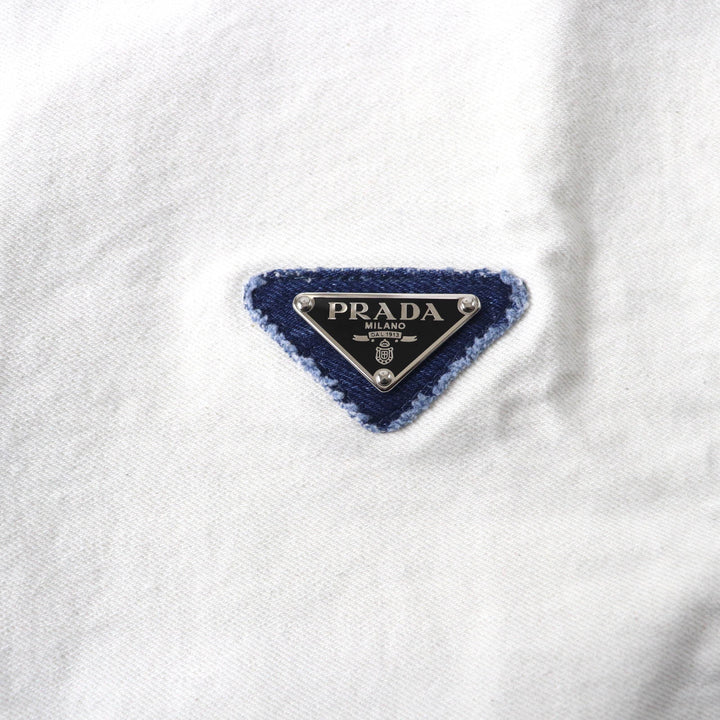 Excellent PRADA T-shirt Triangle With Logo Cut-off Cropped Denim Top Women 36