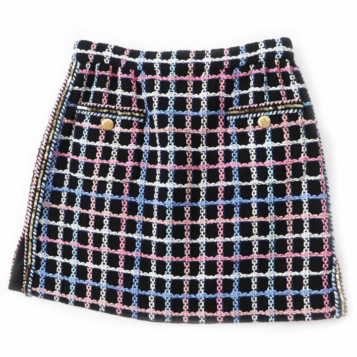 Excellent CHANEL skirt Runway wear COCO Mark button tweed black multi Women 38