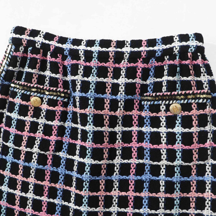 Excellent CHANEL skirt Runway wear COCO Mark button tweed black multi Women 38