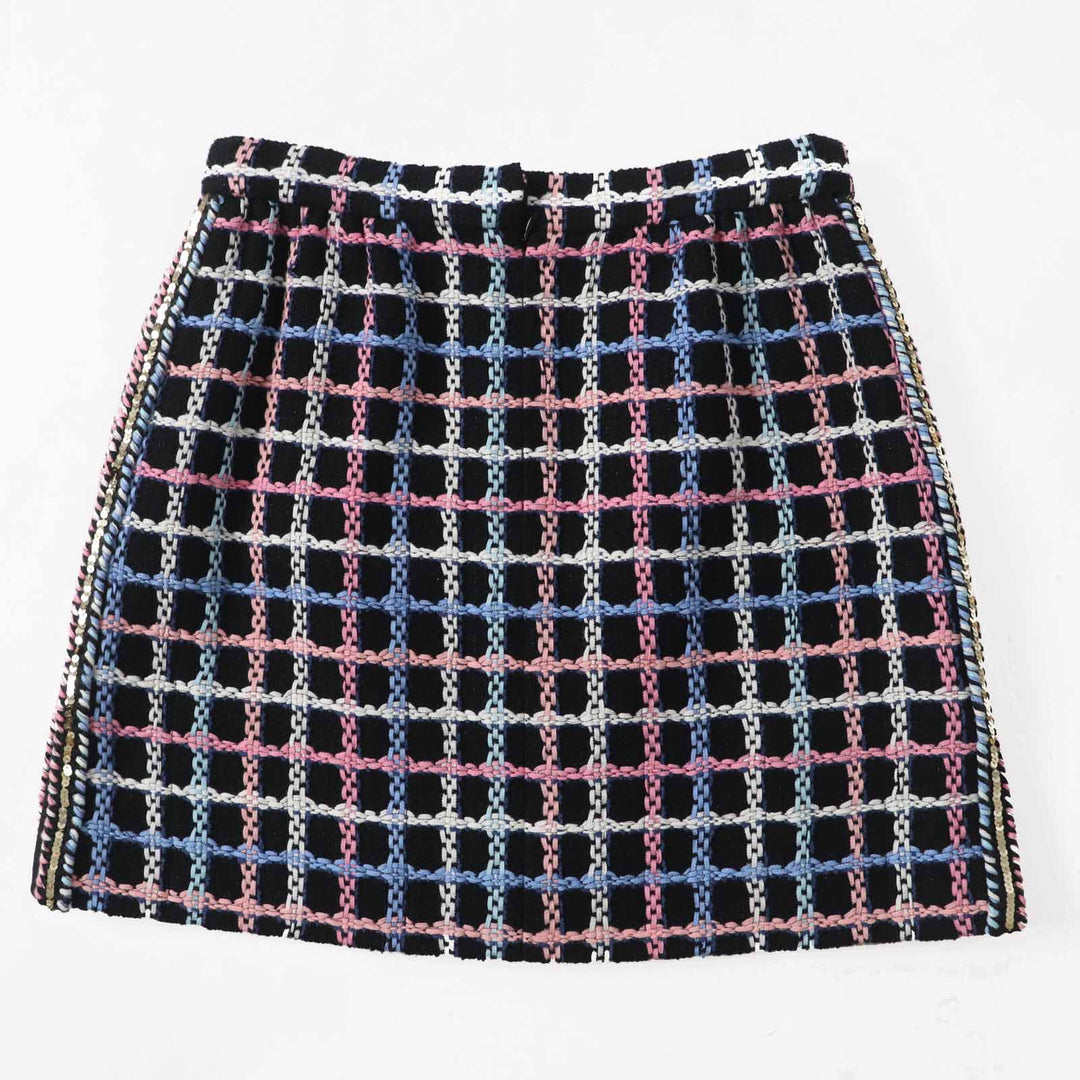 Excellent CHANEL skirt Runway wear COCO Mark button tweed black multi Women 38
