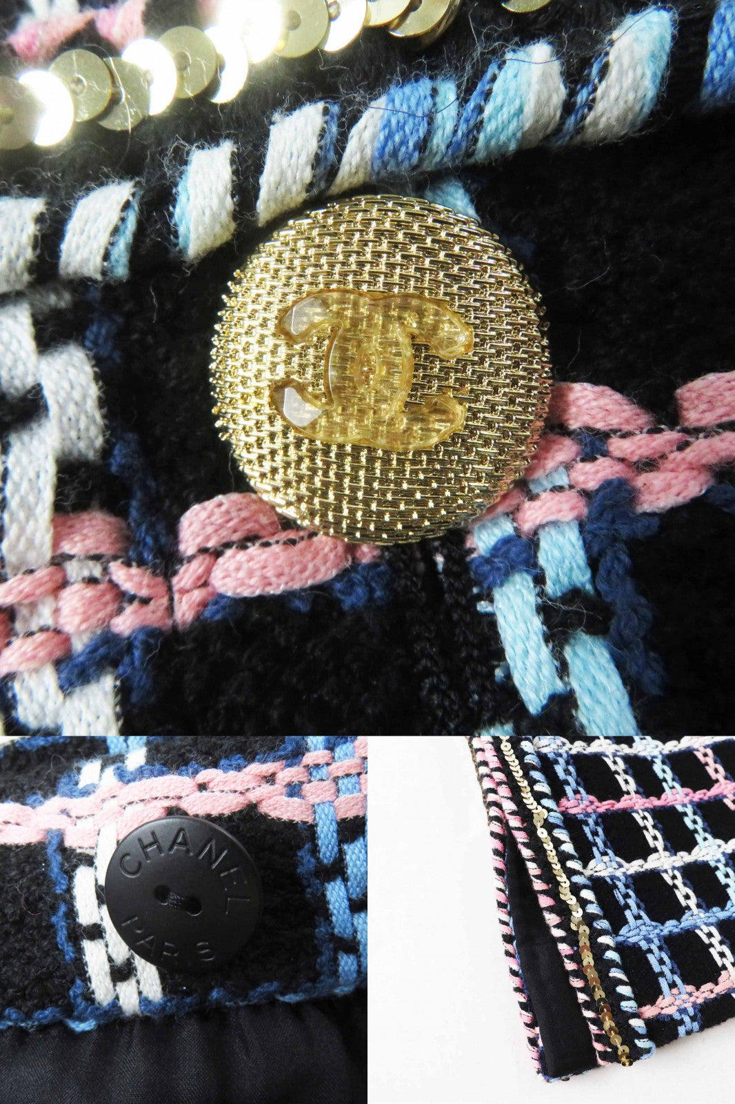 Excellent CHANEL skirt Runway wear COCO Mark button tweed black multi Women 38