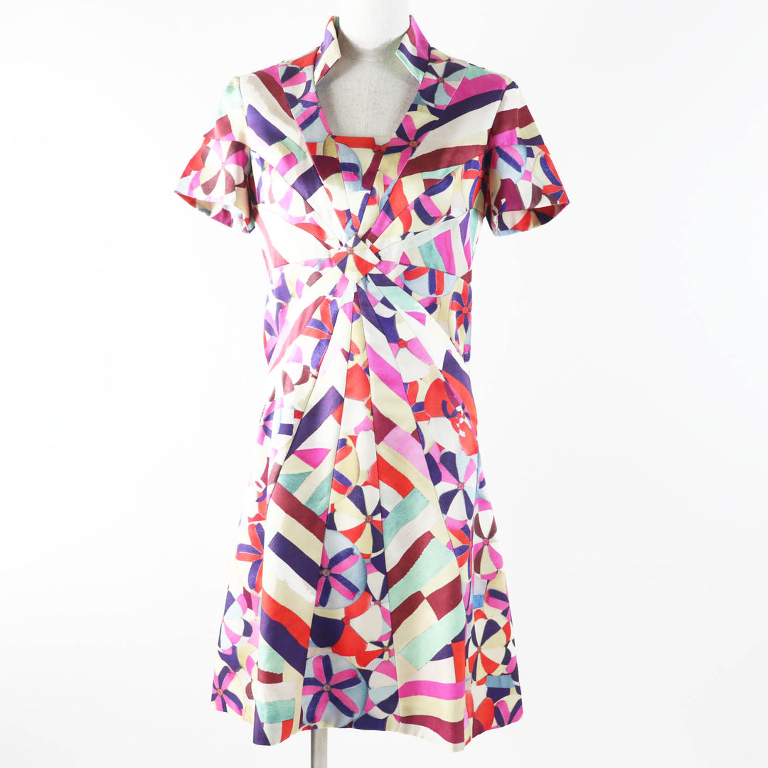 Pristine CHANEL one piece COCO MarkPattern Pink Blue Red Beige silk Women 36