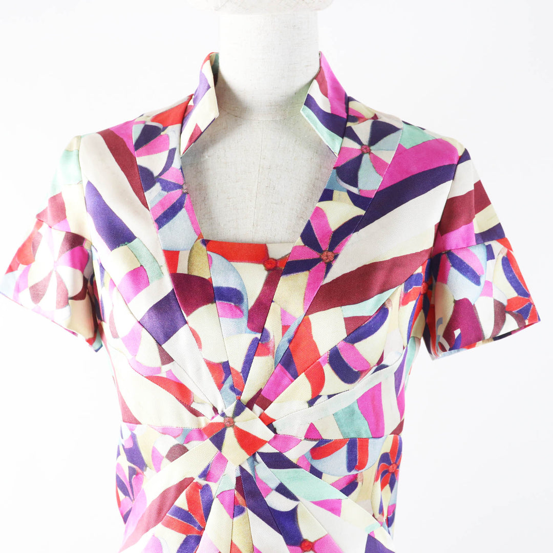 Pristine CHANEL one piece COCO MarkPattern Pink Blue Red Beige silk Women 36