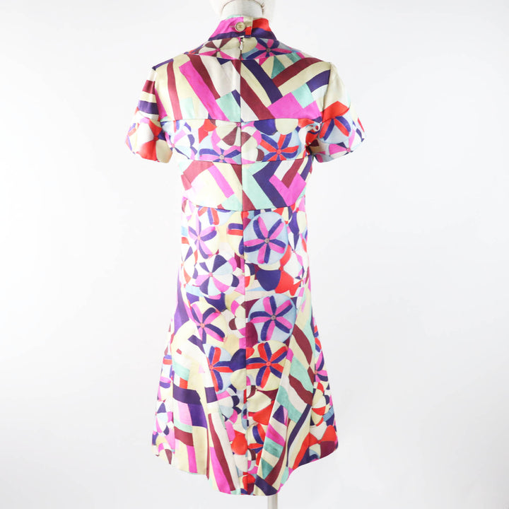 Pristine CHANEL one piece COCO MarkPattern Pink Blue Red Beige silk Women 36