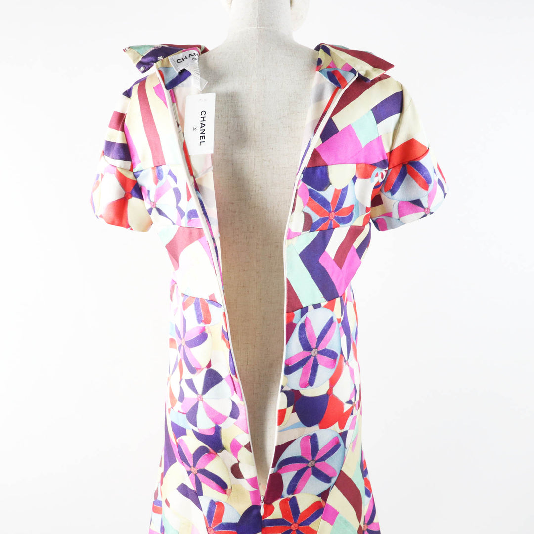 Pristine CHANEL one piece COCO MarkPattern Pink Blue Red Beige silk Women 36