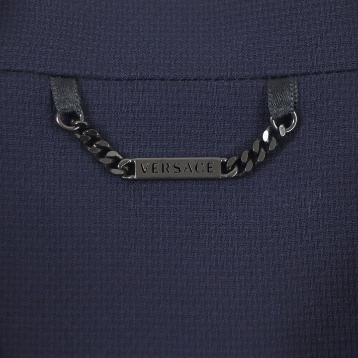 Excellent VERSACE coat Hidden placket Logo buttons Lightweight Navy wool mens 54
