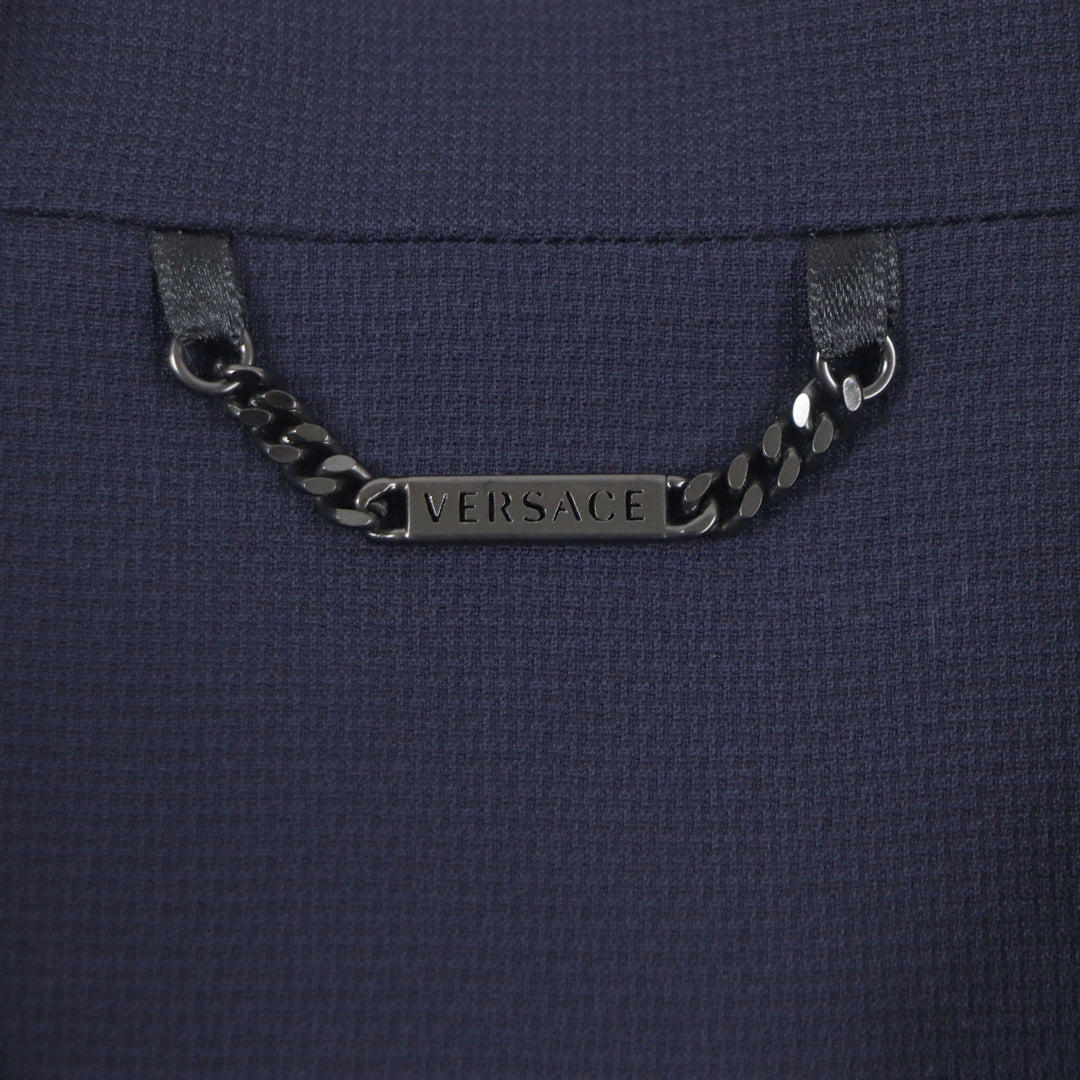 Excellent VERSACE coat Hidden placket Logo buttons Lightweight Navy wool mens 54