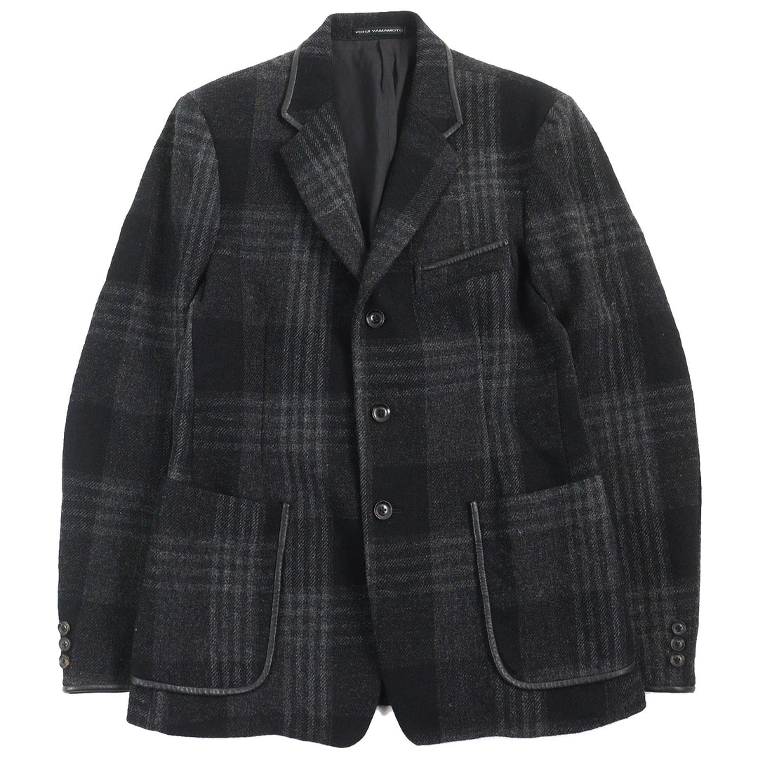 Great Y’s for men tailored jacket Leather trimmed check pattern tweed Black series polyester mens 3 MO-J12-105