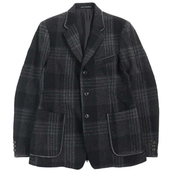 Great Y’s for men tailored jacket Leather trimmed check pattern tweed Black series polyester mens 3 MO-J12-105