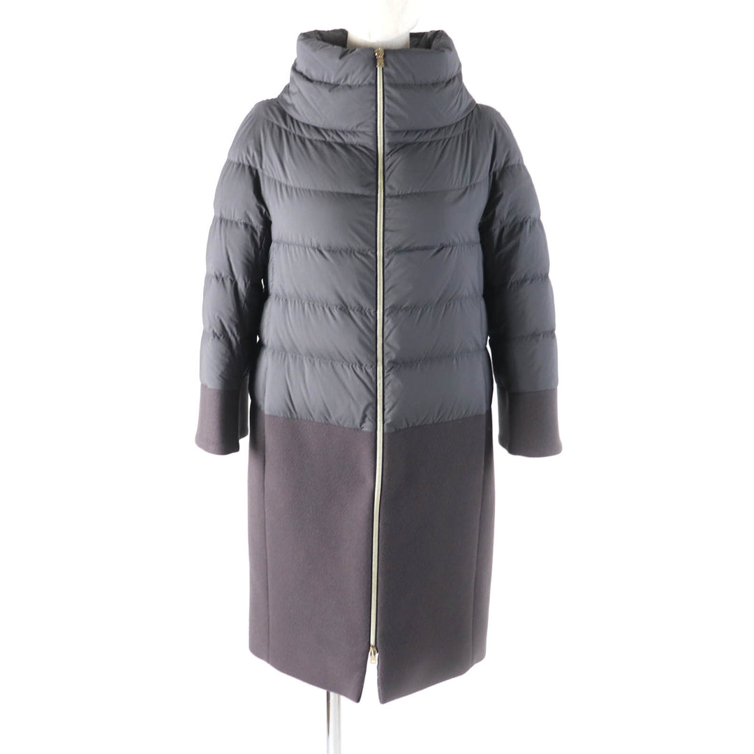 Excellent Herno down coat Stand collar Logo ZIP Wool switching gray wool Women 40 PI0832D