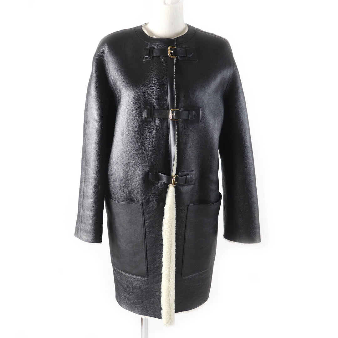 LOUIS VUITTON Mouton coat No collar Black White Sheep leather Women 36