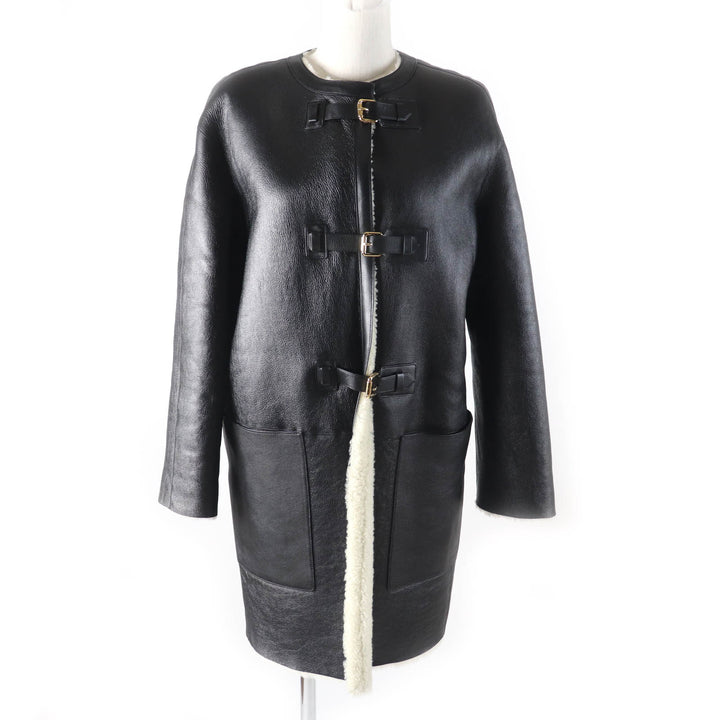 LOUIS VUITTON Mouton coat No collar Black White Sheep leather Women 36