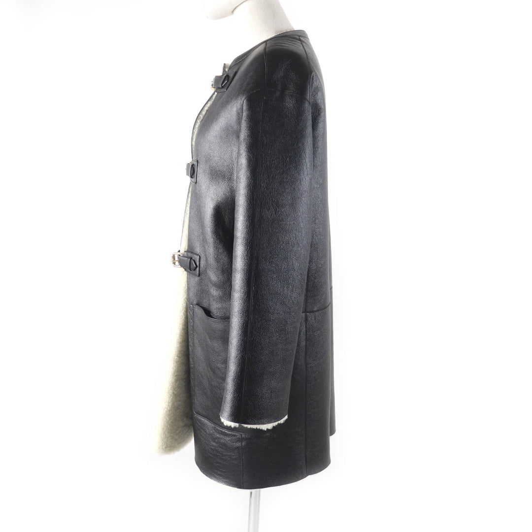 LOUIS VUITTON Mouton coat No collar Black White Sheep leather Women 36
