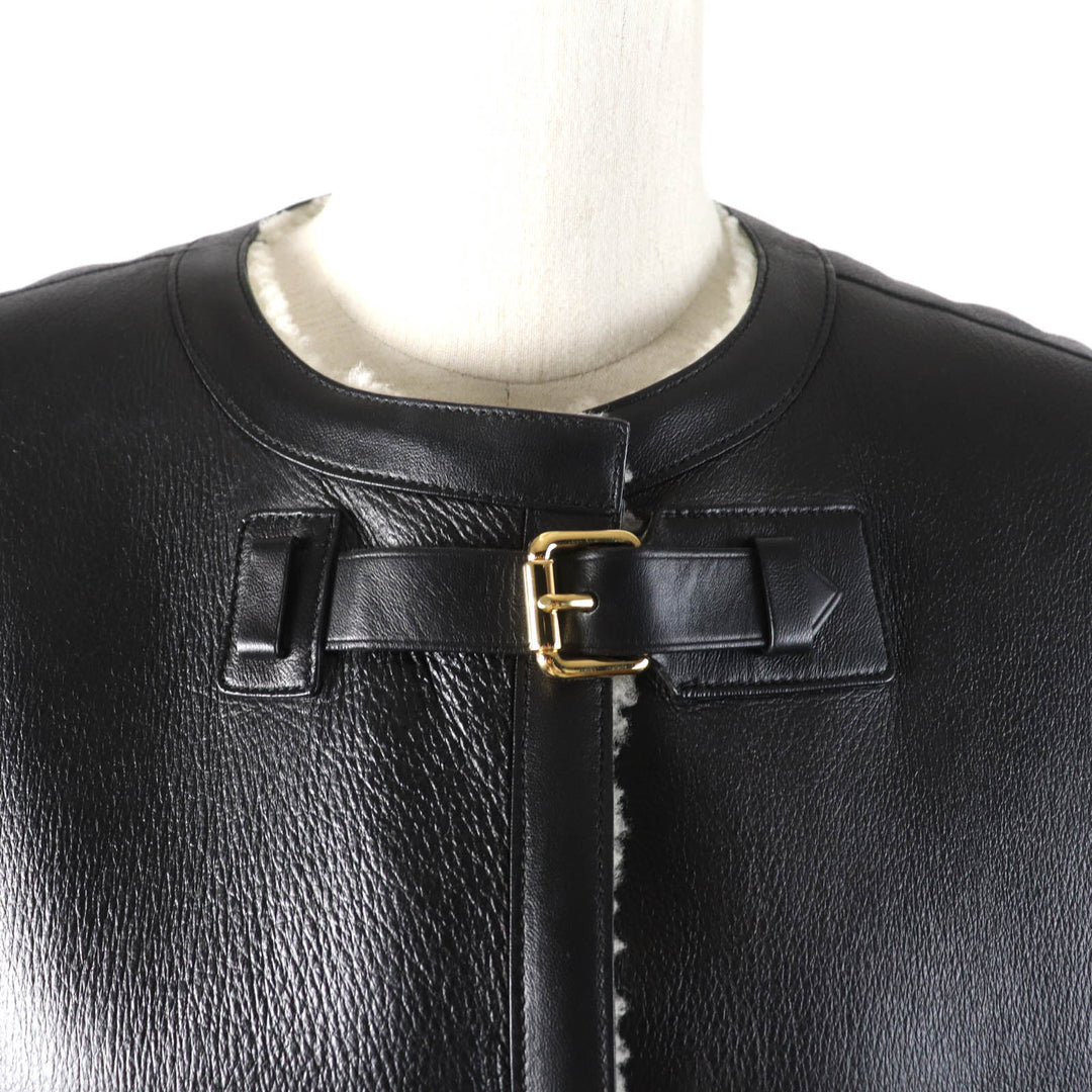 LOUIS VUITTON Mouton coat No collar Black White Sheep leather Women 36