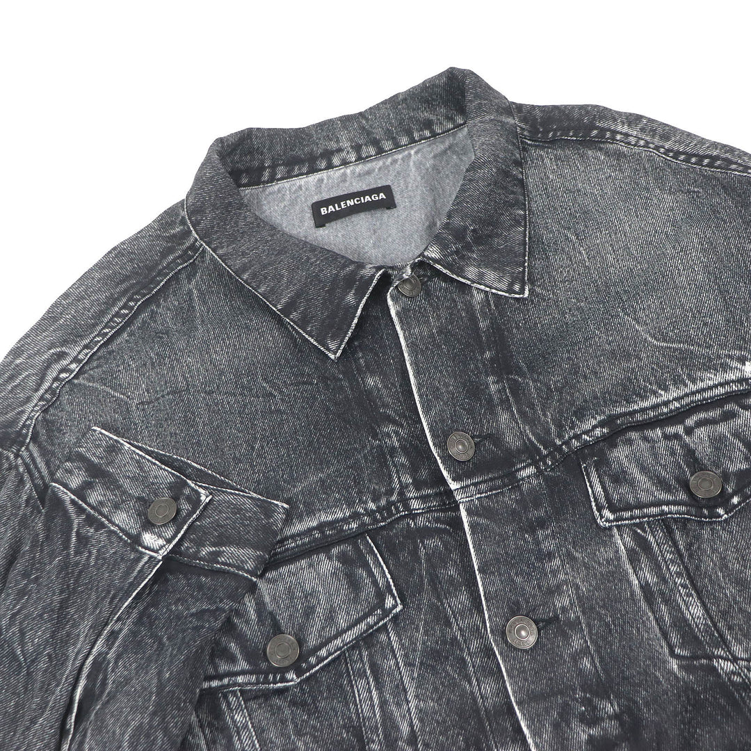 Excellent BALENCIAGA Blouson Denim transfer print stretch black Rayon mens L 621580