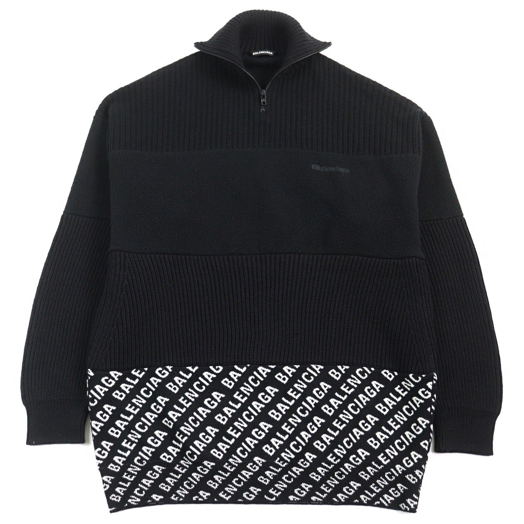Great BALENCIAGA knit Logo print oversized half zip Black White wool mens XS 641734