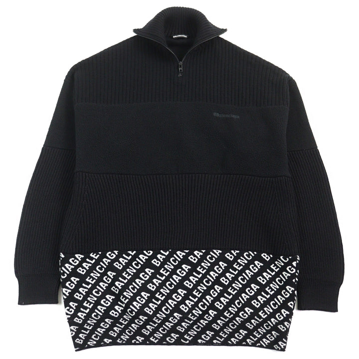 Great BALENCIAGA knit Logo print oversized half zip Black White wool mens XS 641734