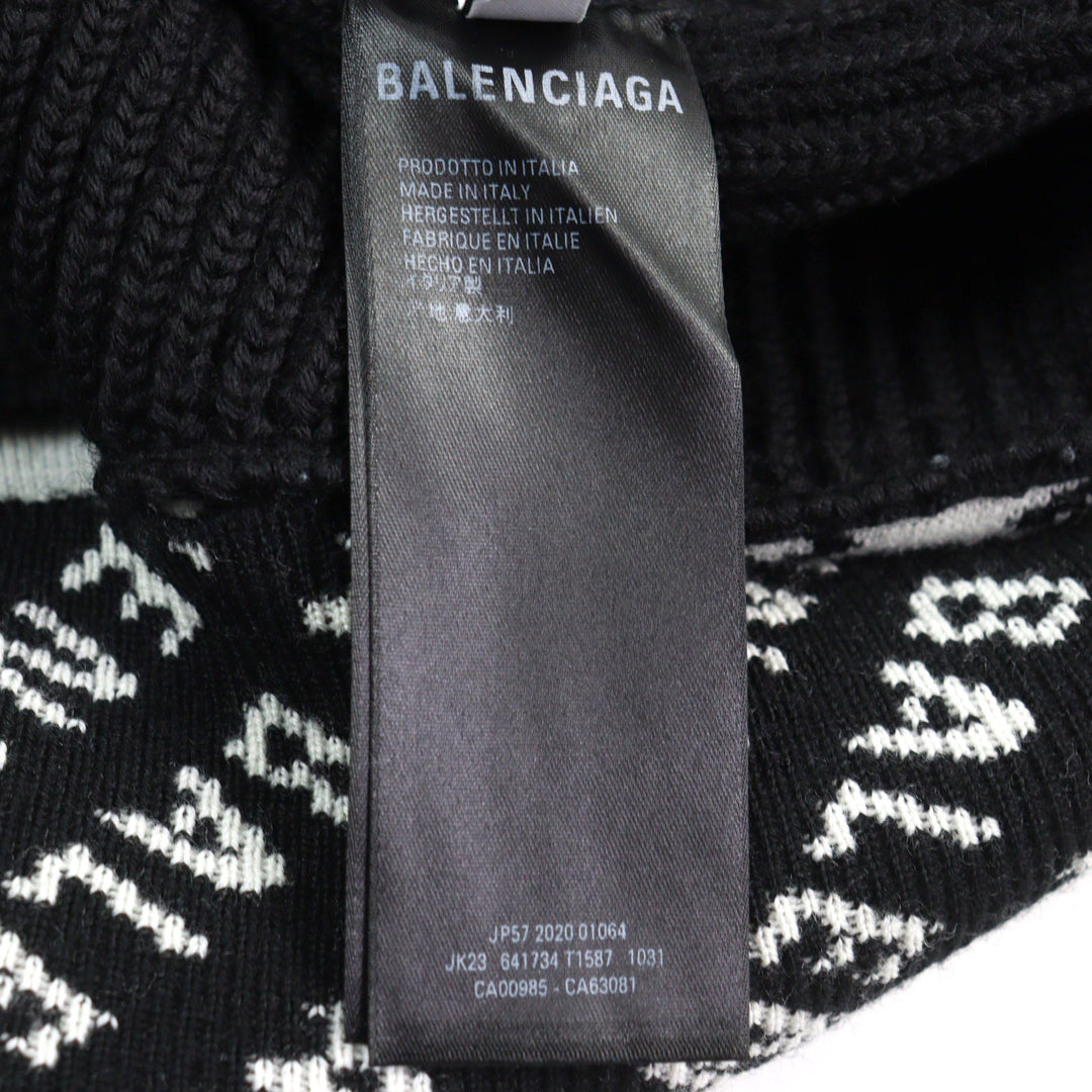 Great BALENCIAGA knit Logo print oversized half zip Black White wool mens XS