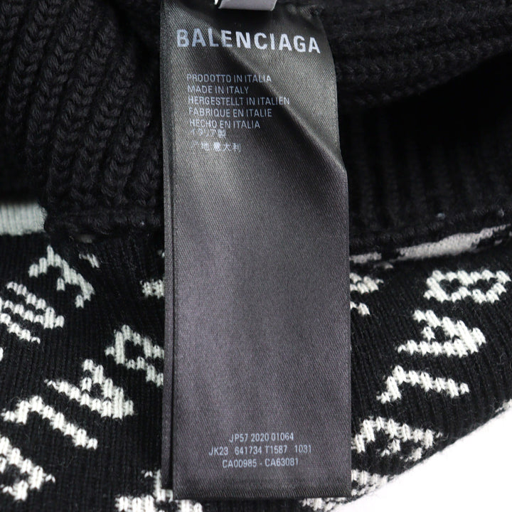 Great BALENCIAGA knit Logo print oversized half zip Black White wool mens XS