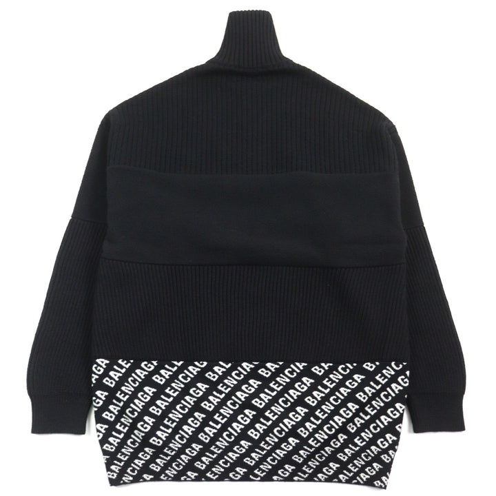 Great BALENCIAGA knit Logo print oversized half zip Black White wool mens XS 641734