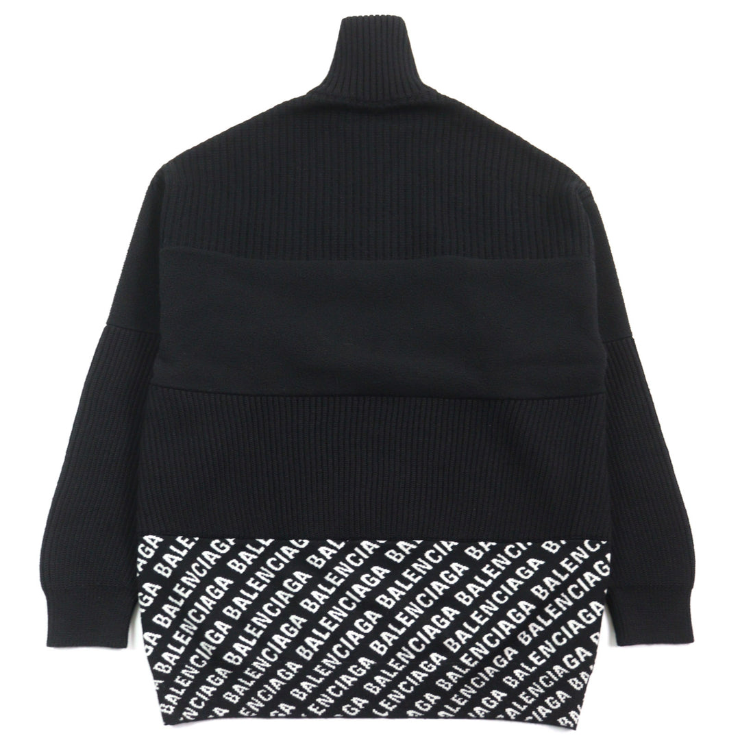 Great BALENCIAGA knit Logo print oversized half zip Black White wool mens XS