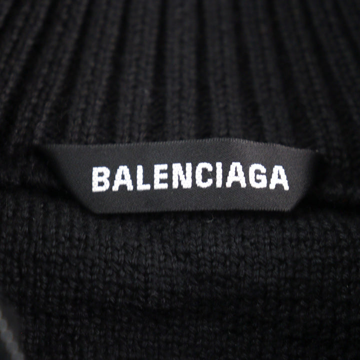 Great BALENCIAGA knit Logo print oversized half zip Black White wool mens XS