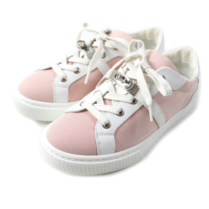 Excellent HERMES sneakers Day leather detailing and lace-up canvas pink 36.5