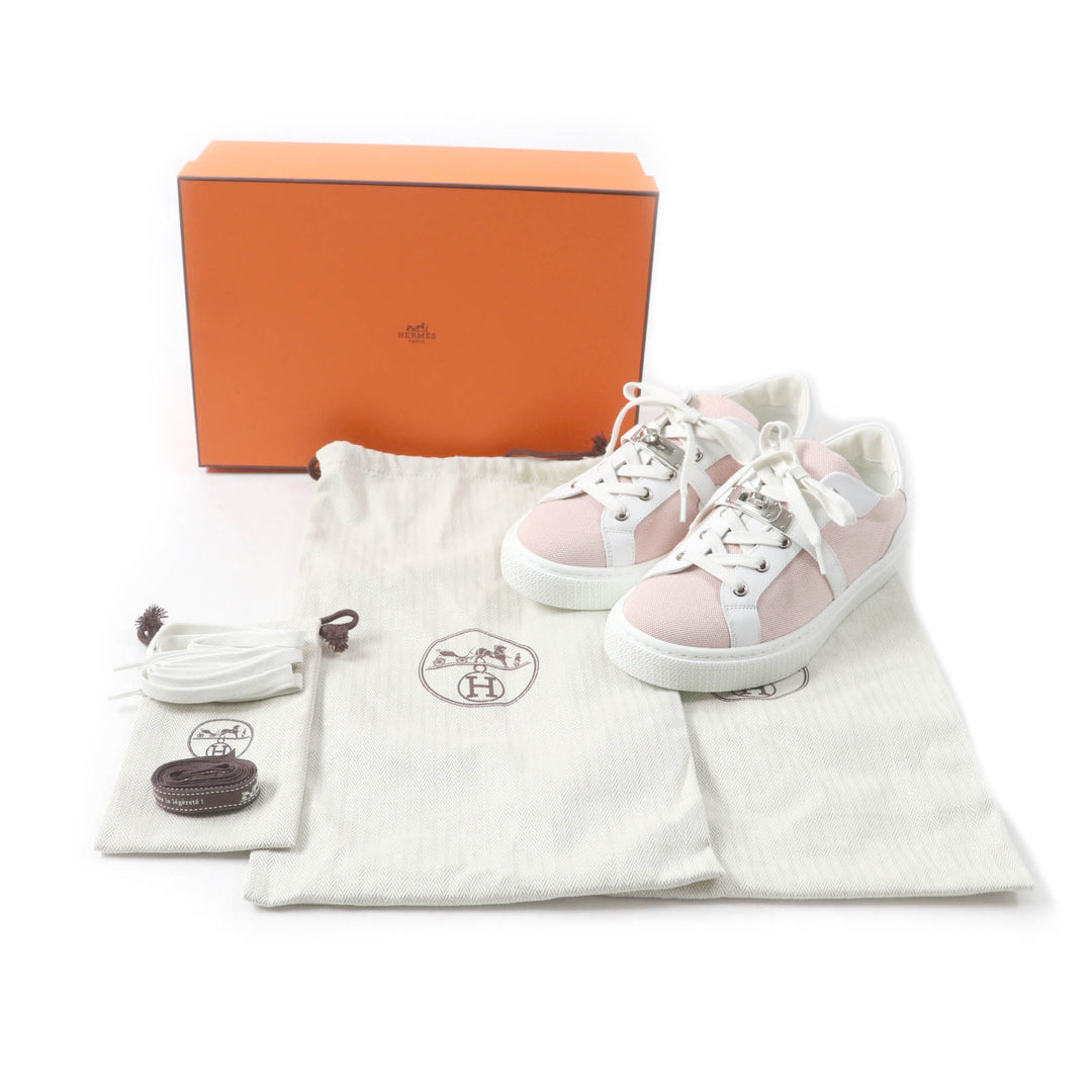 Excellent HERMES sneakers Day leather detailing and lace-up canvas pink 36.5