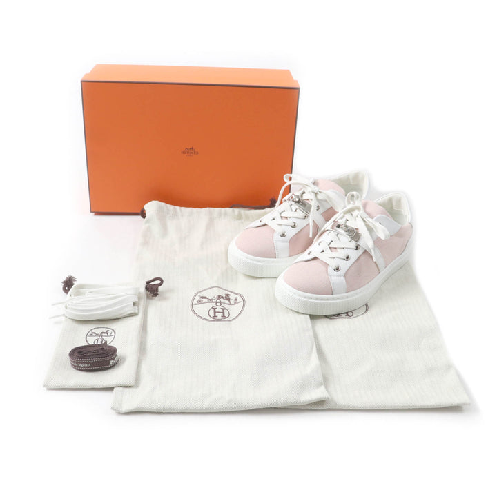 Excellent HERMES sneakers Day leather detailing and lace-up canvas pink 36.5